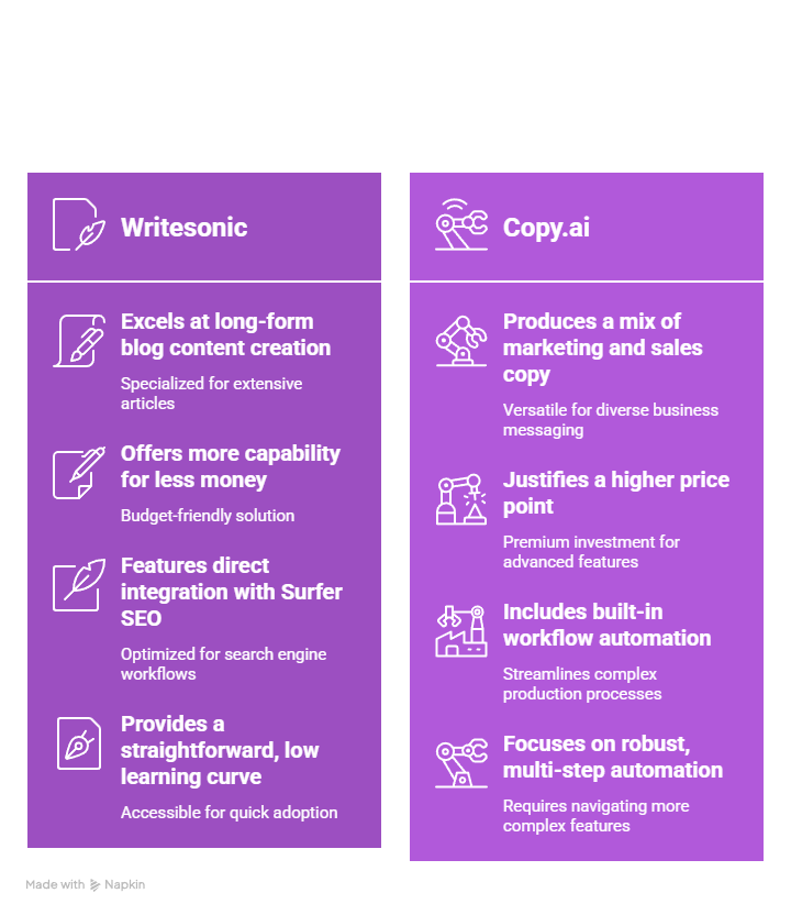Choose Writesonic if:
Long-form blog content is your primary output
Budget is a constraint and you want more capability for less money
You are already using Surfer SEO and want the integration benefit
You want a straightforward tool with a low learning curve
Choose Copy.ai if:
You produce a mix of content types including strong sales and marketing copy
You want workflow automation built into your content production process
Budget is less of a constraint and the higher price point is justifiable
You are building a more sophisticated content operation that benefits from automation